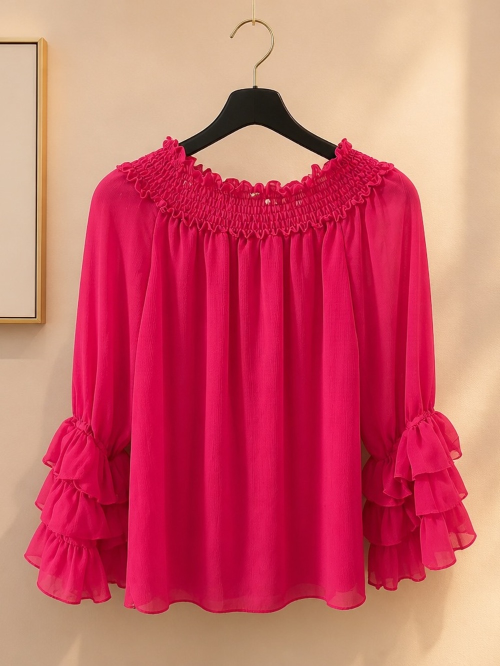 CeCe Hot Pink Smocked Neck Ruffle Sleeve Blouse